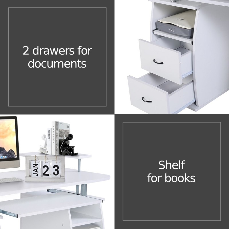 Valkoinen tietokonepöytä näppäimistötasolla ja tulostinhyllyllä