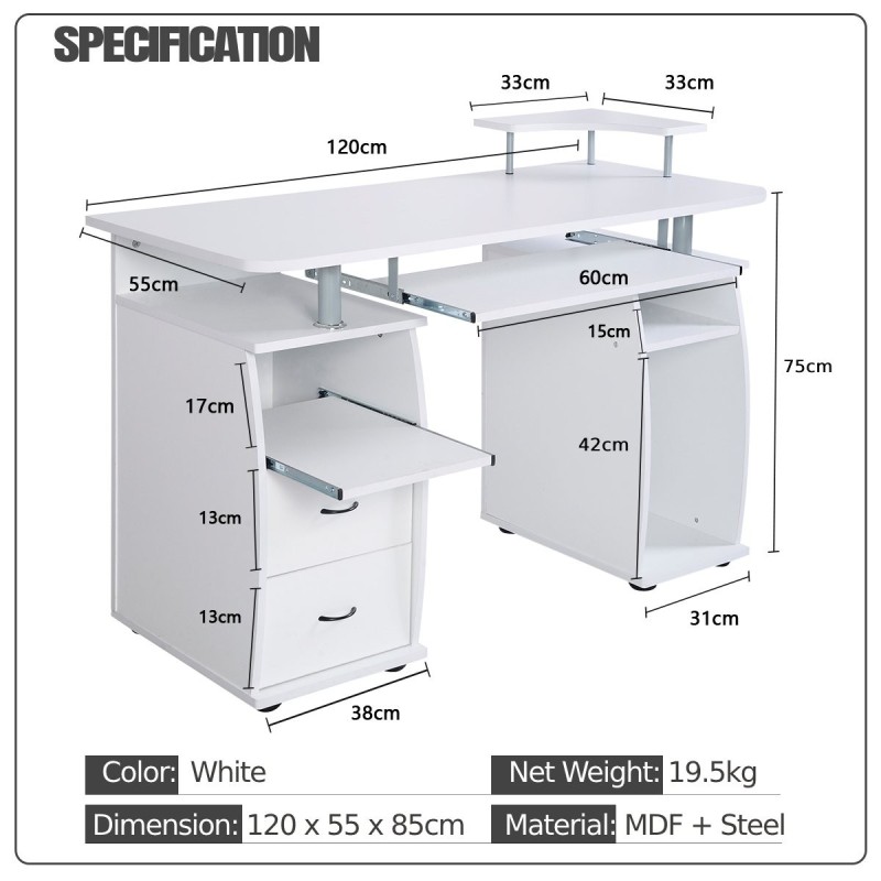 Valkoinen tietokonepöytä näppäimistötasolla ja tulostinhyllyllä