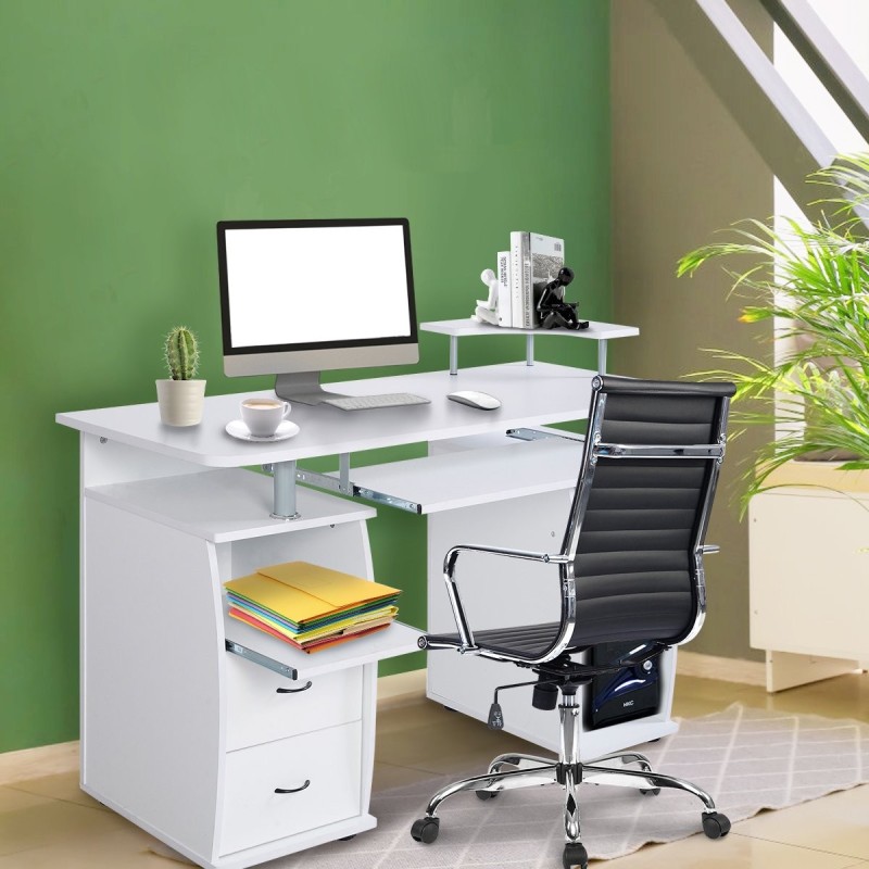 Valkoinen tietokonepöytä näppäimistötasolla ja tulostinhyllyllä