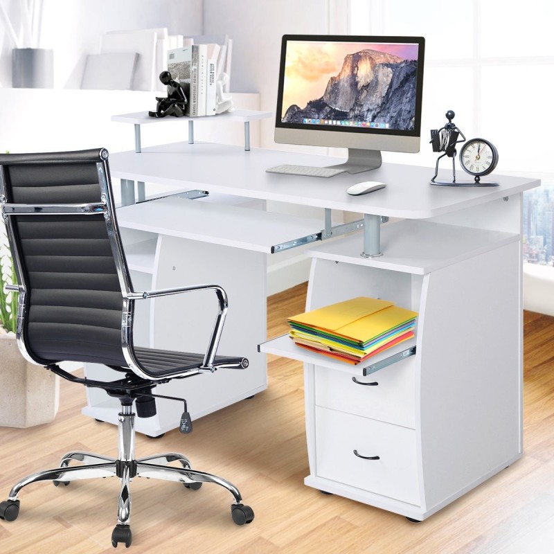 Valkoinen tietokonepöytä näppäimistötasolla ja tulostinhyllyllä