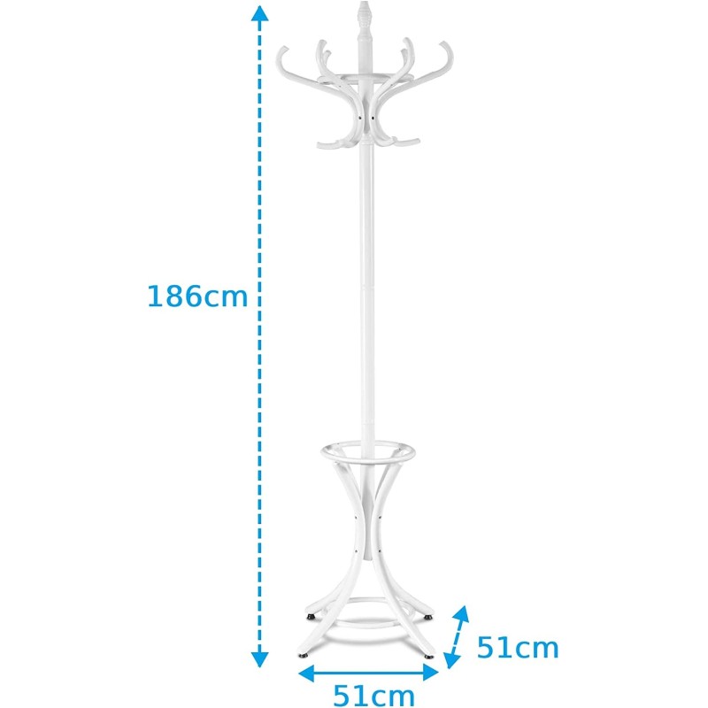 Valkoinen puinen vaatepuu sateenvarjotelineellä ja 12 koukulla