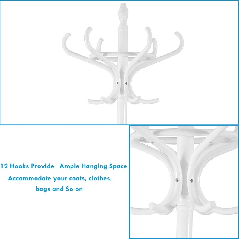 Valkoinen puinen vaatepuu sateenvarjotelineellä ja 12 koukulla