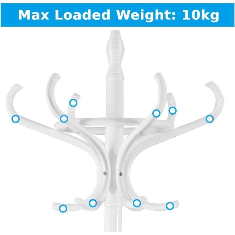 Valkoinen puinen vaatepuu sateenvarjotelineellä ja 12 koukulla