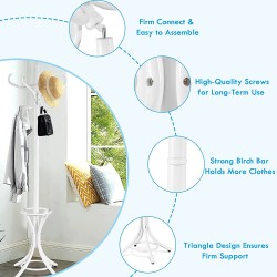 Valkoinen puinen vaatepuu sateenvarjotelineellä ja 12 koukulla