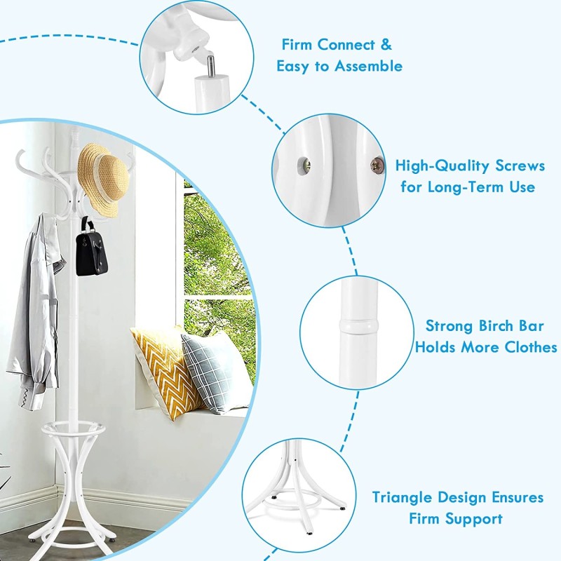 Valkoinen puinen vaatepuu sateenvarjotelineellä ja 12 koukulla
