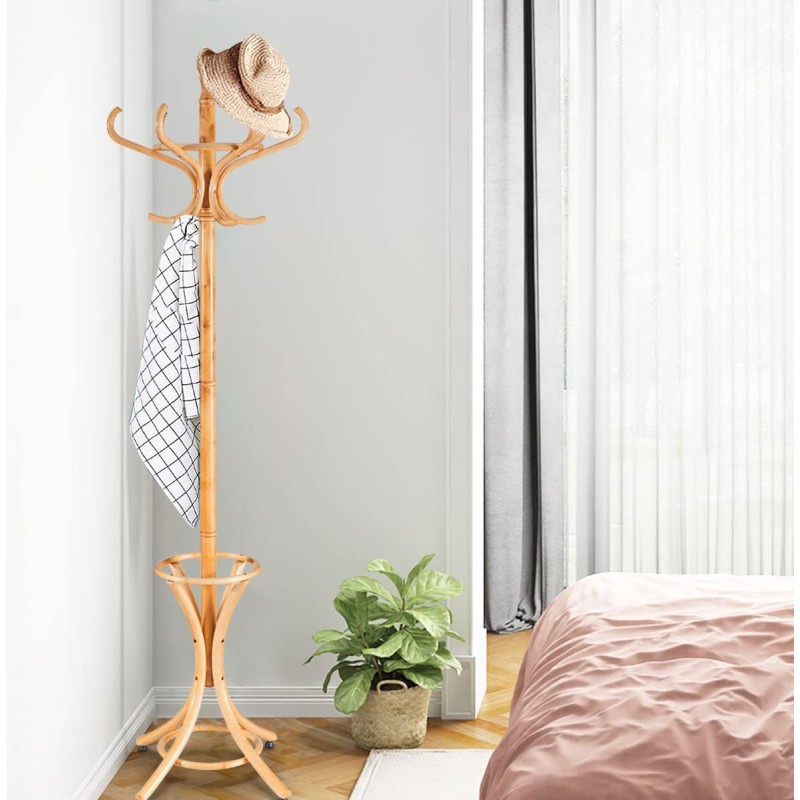 Lattialla seisova naulakko sateenvarjotelineellä, luonnonväri