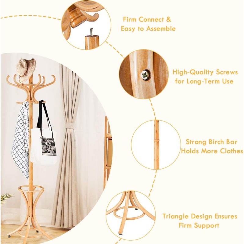 Lattialla seisova naulakko sateenvarjotelineellä, luonnonväri