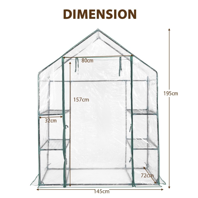 Käveltävä mini kasvihuone 3 tasoa 4 hyllyä läpinäkyvä