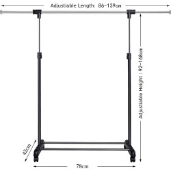 Säädettävä vaateripustin pyörillä ja alahyllyllä, musta-hopea