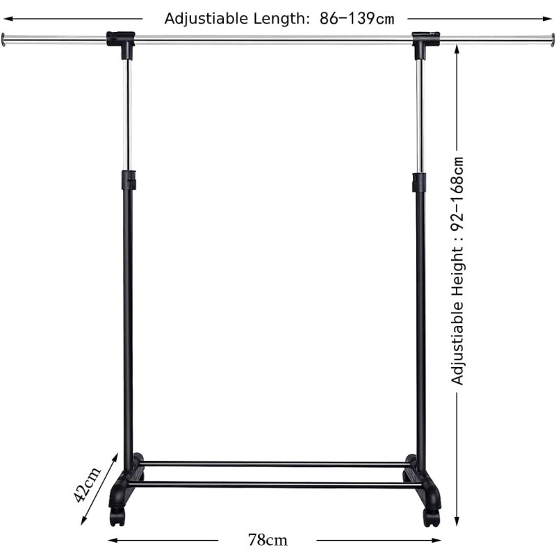 Säädettävä vaateripustin pyörillä ja alahyllyllä, musta-hopea