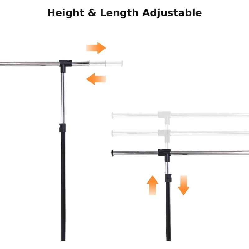 Säädettävä vaateripustin pyörillä ja alahyllyllä, musta-hopea