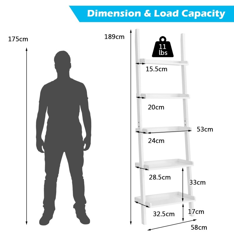 Valkoinen 5-tasoinen seinähylly moderniin sisustukseen