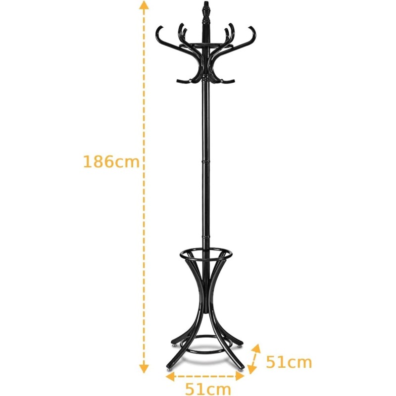 Vapaasti seisova musta puinen naulakko sateenvarjotelineellä