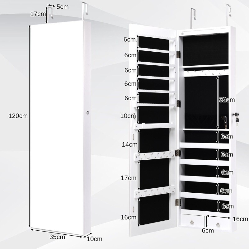 Korukaappi seinäpeilillä ja LED-valaistuksella, valkoinen