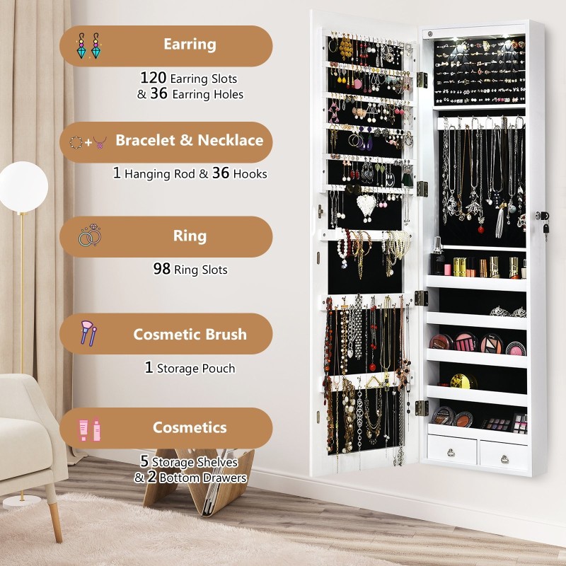 Korukaappi seinäpeilillä ja LED-valaistuksella, valkoinen