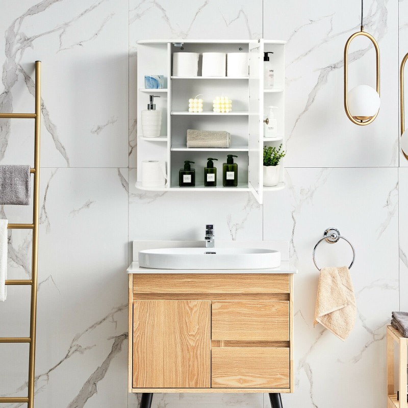 Valkoinen kylpyhuonekaappi peilillä ja runsaalla säilytystilalla