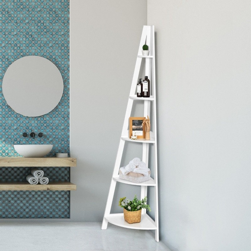 Valkoinen A-muotoinen kulmahylly, 5 tasoa, MDF-materiaali Valkoinen A-muotoinen kulmahylly, 5 tasoa, MDF-materiaali
