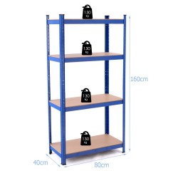 Metallinen sininen varastohylly, säädettävä ja kestävä rakenne