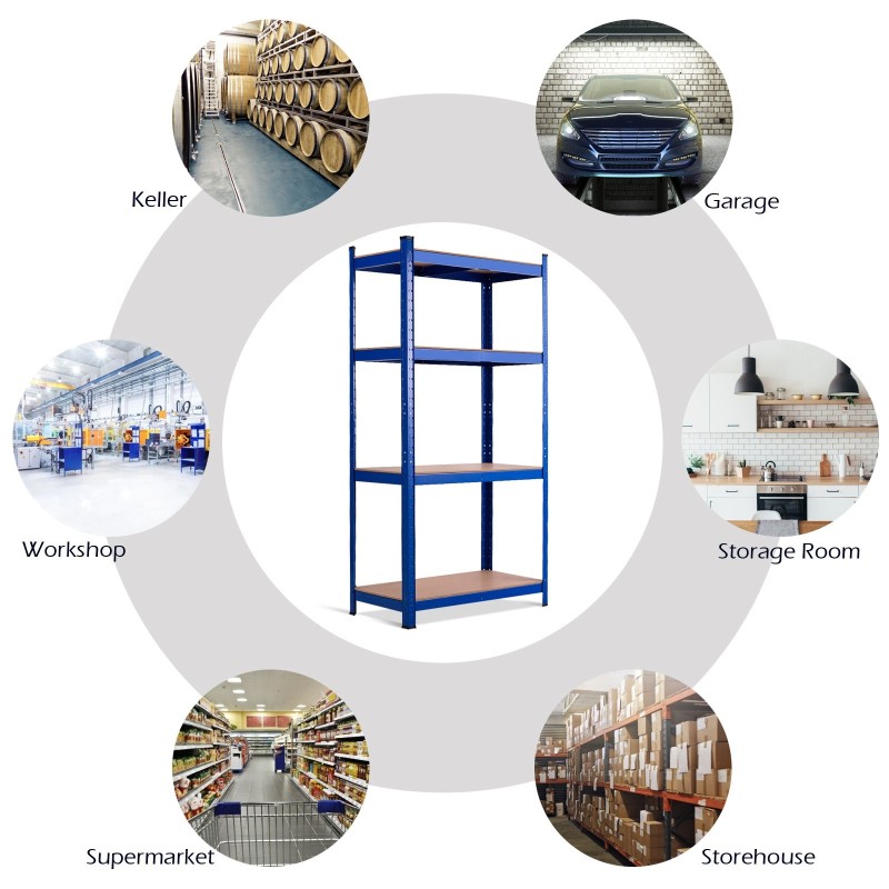 Metallinen sininen varastohylly, säädettävä ja kestävä rakenne