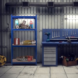 Metallinen sininen varastohylly, säädettävä ja kestävä rakenne