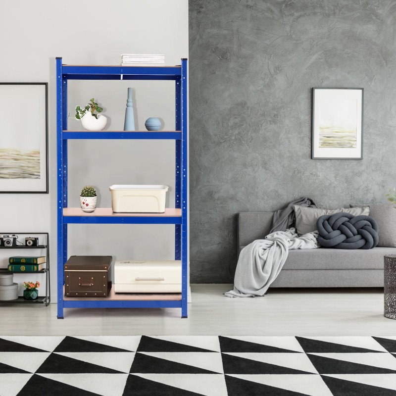 Metallinen sininen varastohylly, säädettävä ja kestävä rakenne