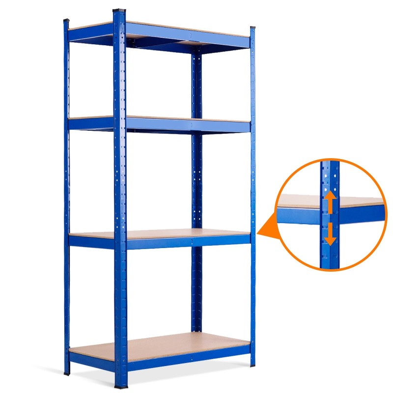 Metallinen sininen varastohylly, säädettävä ja kestävä rakenne