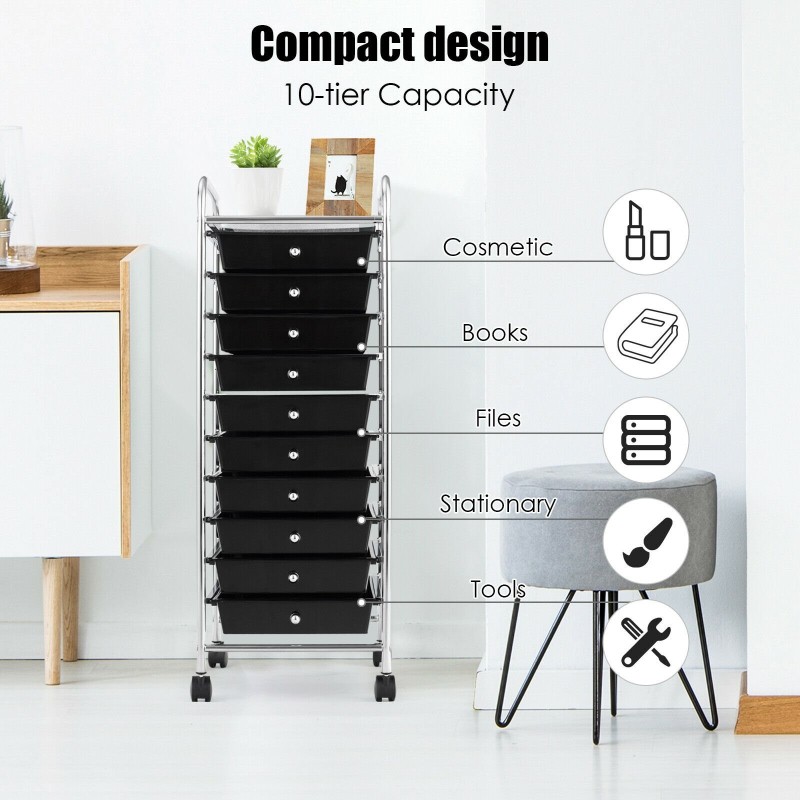 Monikäyttöinen musta rullavaunu 10 laatikolla ja pyörillä