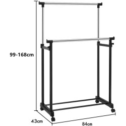 Säädettävä musta vaateripustin pyörillä ja lisähyllyllä
