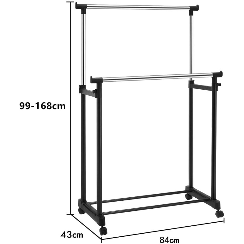 Säädettävä musta vaateripustin pyörillä ja lisähyllyllä
