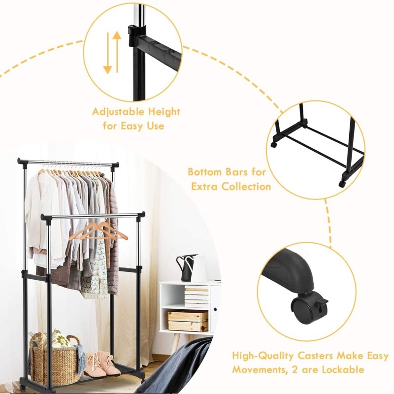 Säädettävä musta vaateripustin pyörillä ja lisähyllyllä