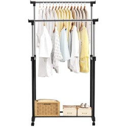 Säädettävä musta vaateripustin pyörillä ja lisähyllyllä