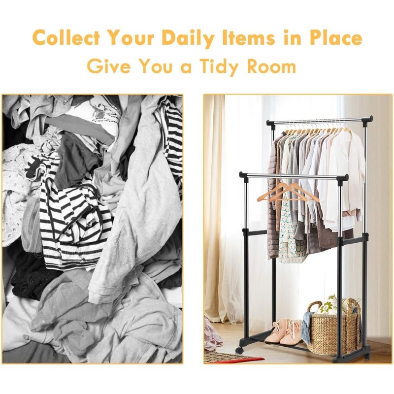 Säädettävä musta vaateripustin pyörillä ja lisähyllyllä