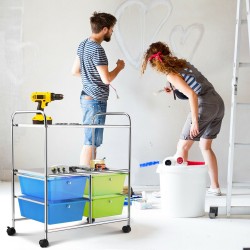 Monikäyttöinen sinivihreä rullakärry neljällä laatikolla ja pyörillä