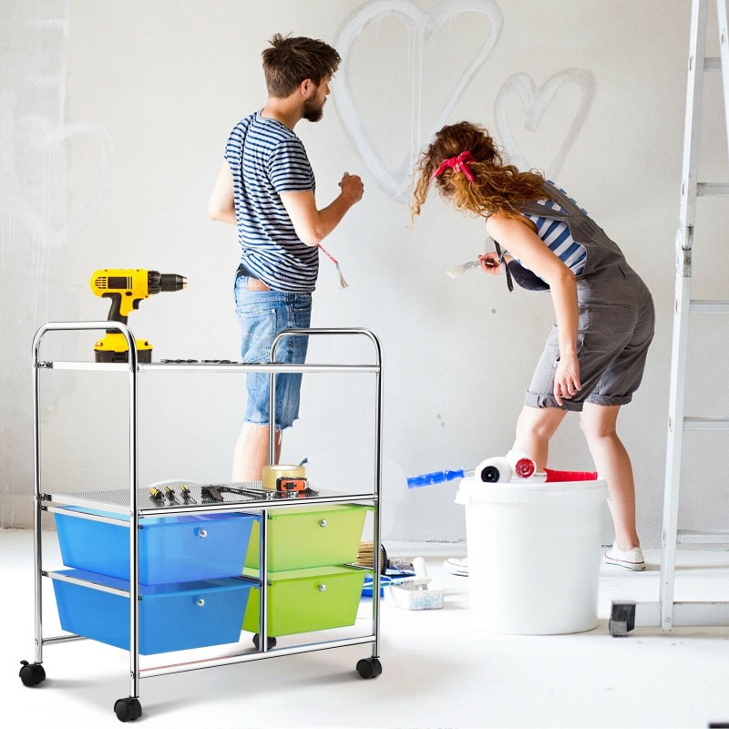 Monikäyttöinen sinivihreä rullakärry neljällä laatikolla ja pyörillä