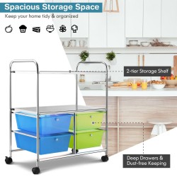 Monikäyttöinen sinivihreä rullakärry neljällä laatikolla ja pyörillä