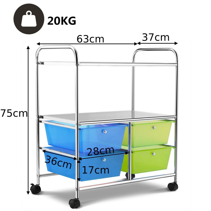 Monikäyttöinen sinivihreä rullakärry neljällä laatikolla ja pyörillä