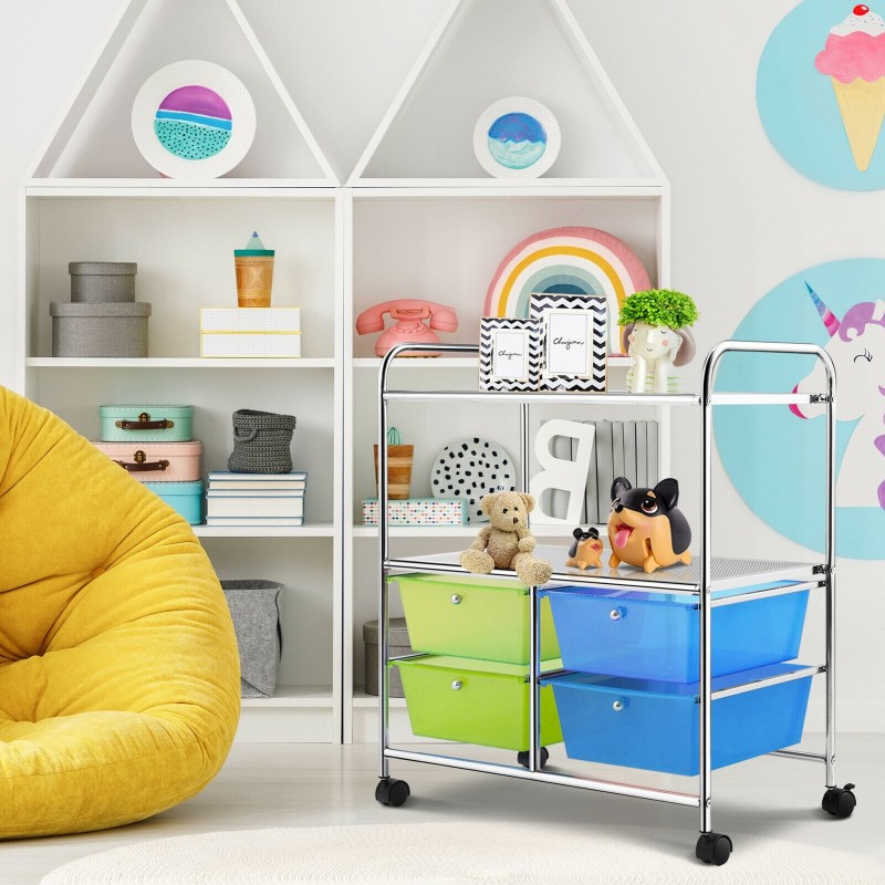 Monikäyttöinen sinivihreä rullakärry neljällä laatikolla ja pyörillä