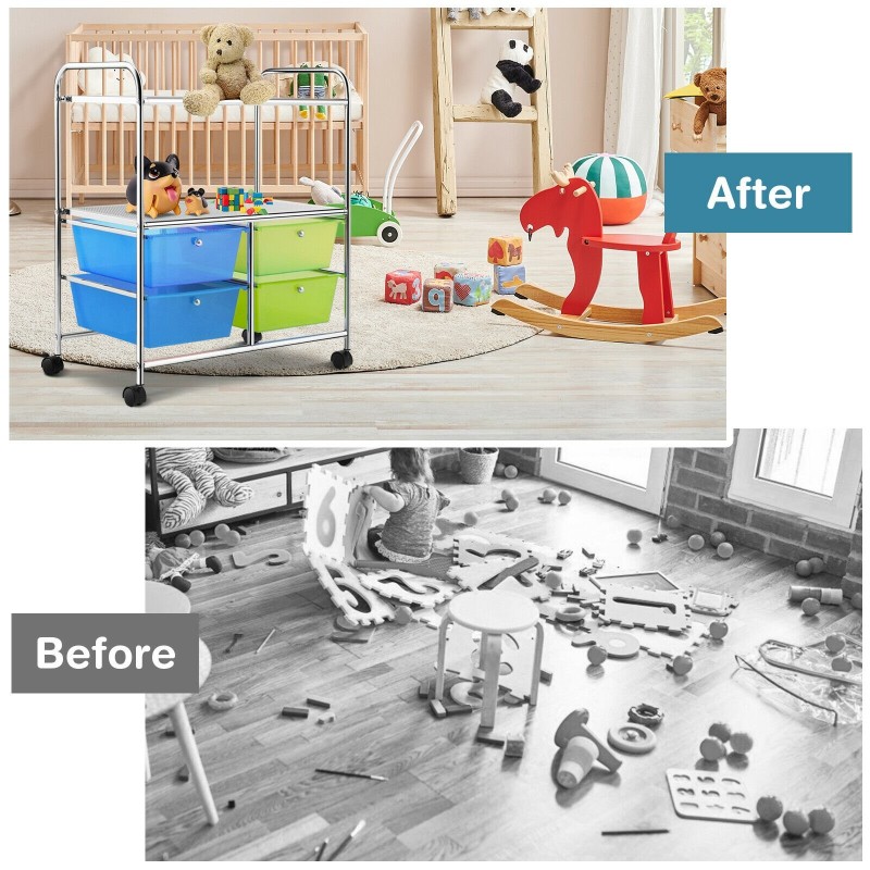 Monikäyttöinen sinivihreä rullakärry neljällä laatikolla ja pyörillä