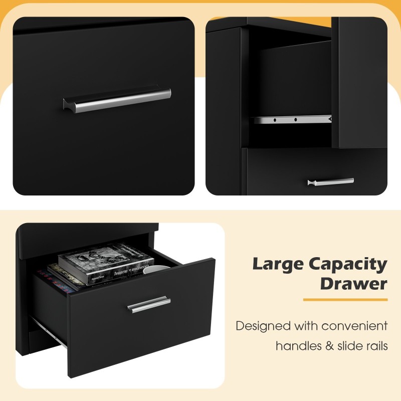 Musta yöpöytä kolmella laatikolla, kompakti ja moderni