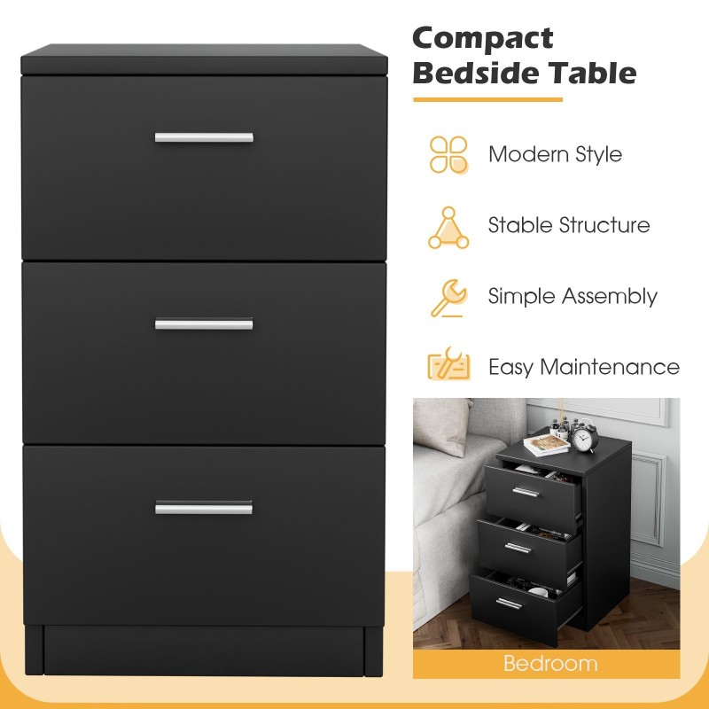 Musta yöpöytä kolmella laatikolla, kompakti ja moderni