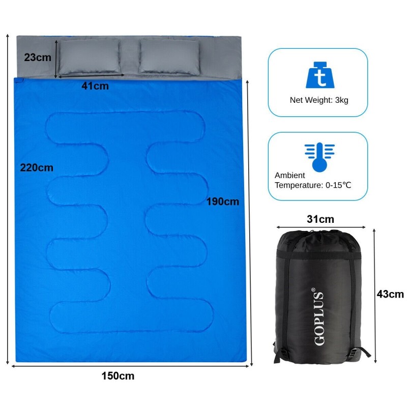 Erittäin suuri vedenkestävä sininen kaksinkertainen makuupussi