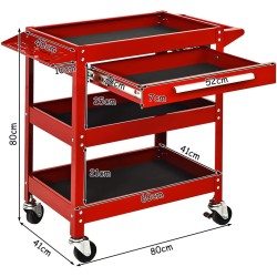 Kolmitasoinen punainen työkaluvaunu vetolaatikolla ja pyörillä