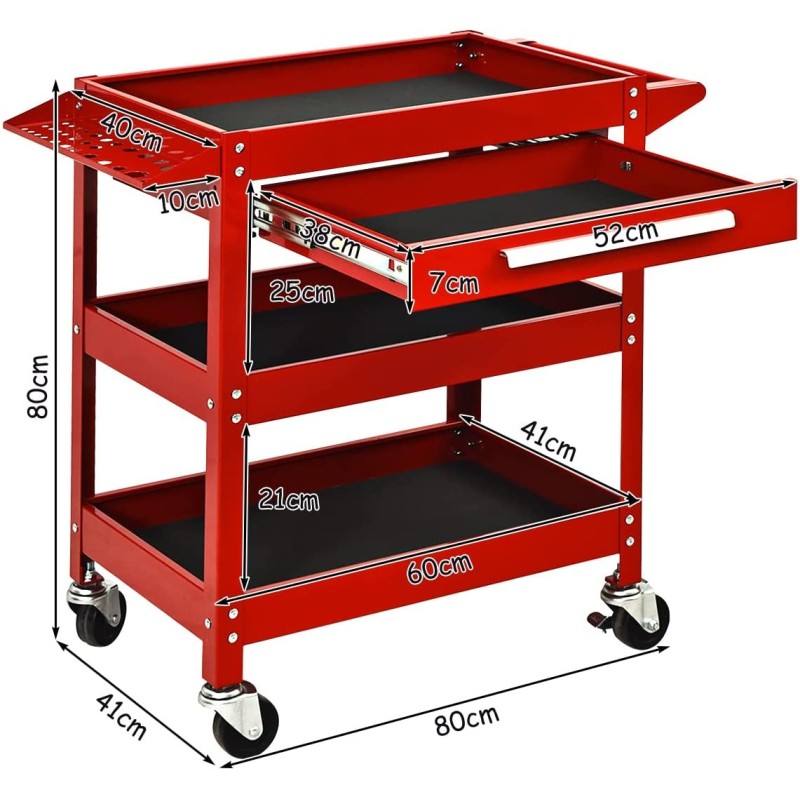 Kolmitasoinen punainen työkaluvaunu vetolaatikolla ja pyörillä