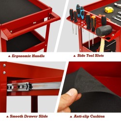 Kolmitasoinen punainen työkaluvaunu vetolaatikolla ja pyörillä