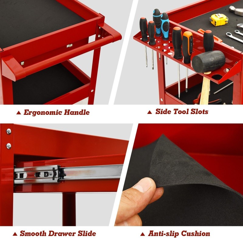 Kolmitasoinen punainen työkaluvaunu vetolaatikolla ja pyörillä