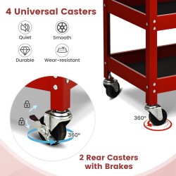 Kolmitasoinen punainen työkaluvaunu vetolaatikolla ja pyörillä