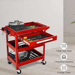 Kolmitasoinen punainen työkaluvaunu vetolaatikolla ja pyörillä