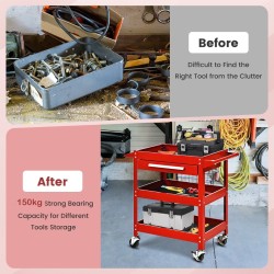 Kolmitasoinen punainen työkaluvaunu vetolaatikolla ja pyörillä