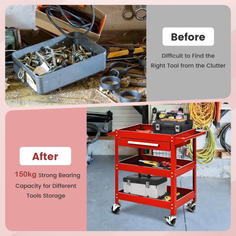 Kolmitasoinen punainen työkaluvaunu vetolaatikolla ja pyörillä