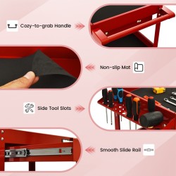 Kolmitasoinen punainen työkaluvaunu vetolaatikolla ja pyörillä